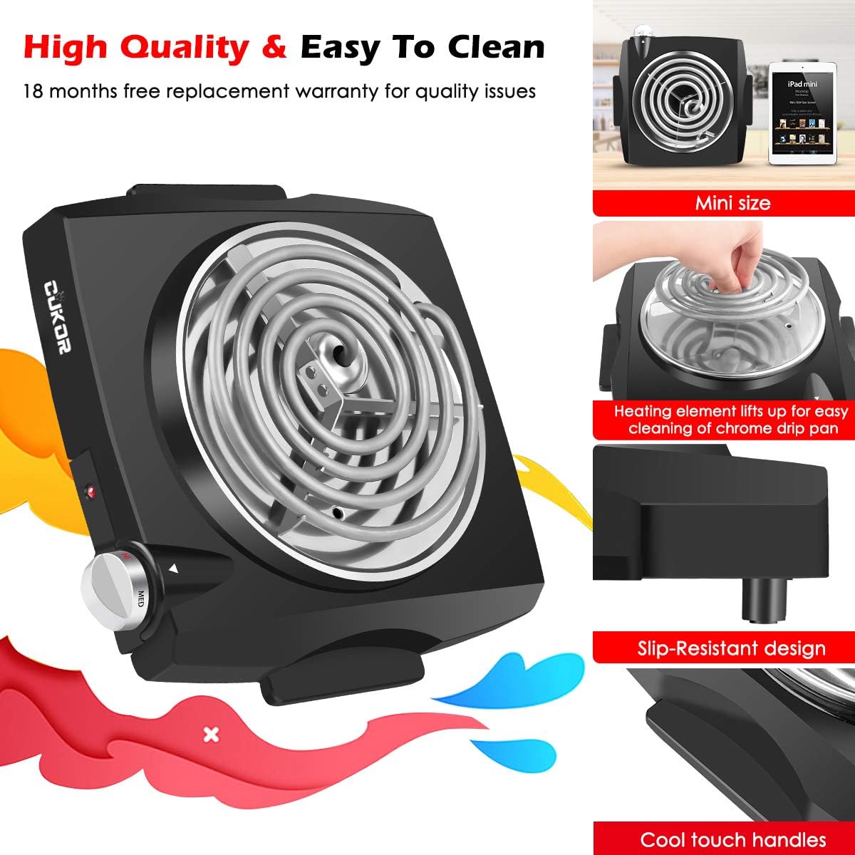 CUKOR Electric Hot Plate, 1800W Portable Electric Stove,Infrared Double Burner,Heat-up In Seconds
