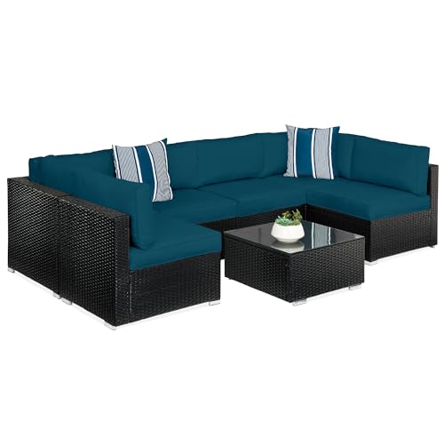 Best Choice Products 7-Piece Modular Outdoor Sectional Wicker Patio Conversation Set w/ 2 Pillows, Coffee Table, Cover Included - Gray/Navy