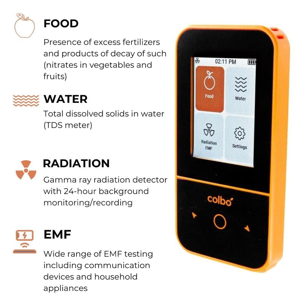 Colbo SafeCheck: 4-in-1 Digital EMF Meter, Radiation Detector, TDS Water Tester, and Nitrate Tester. Food and Water Quality Measuring