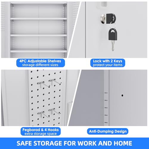 Garage Storage Cabinet with Wheels & Pegboard, 72" H Locking Metal Storage Cabinet with Doors and 4 Adjustable Shelves for Garage Workshop Home