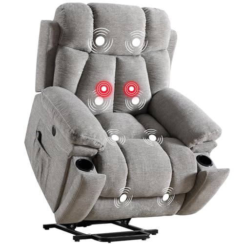 Phoenix Home Large Power Lift Recliner Chair with Massage and Heat for Elderly, Overstuffed Wide Recliners with 2 Cup Holders
