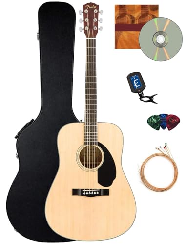 Fender CD-60S Solid Top Dreadnought Acoustic Guitar - Natural Bundle with Hard Case, Tuner, Strings, Picks, Fender Play Online Lessons