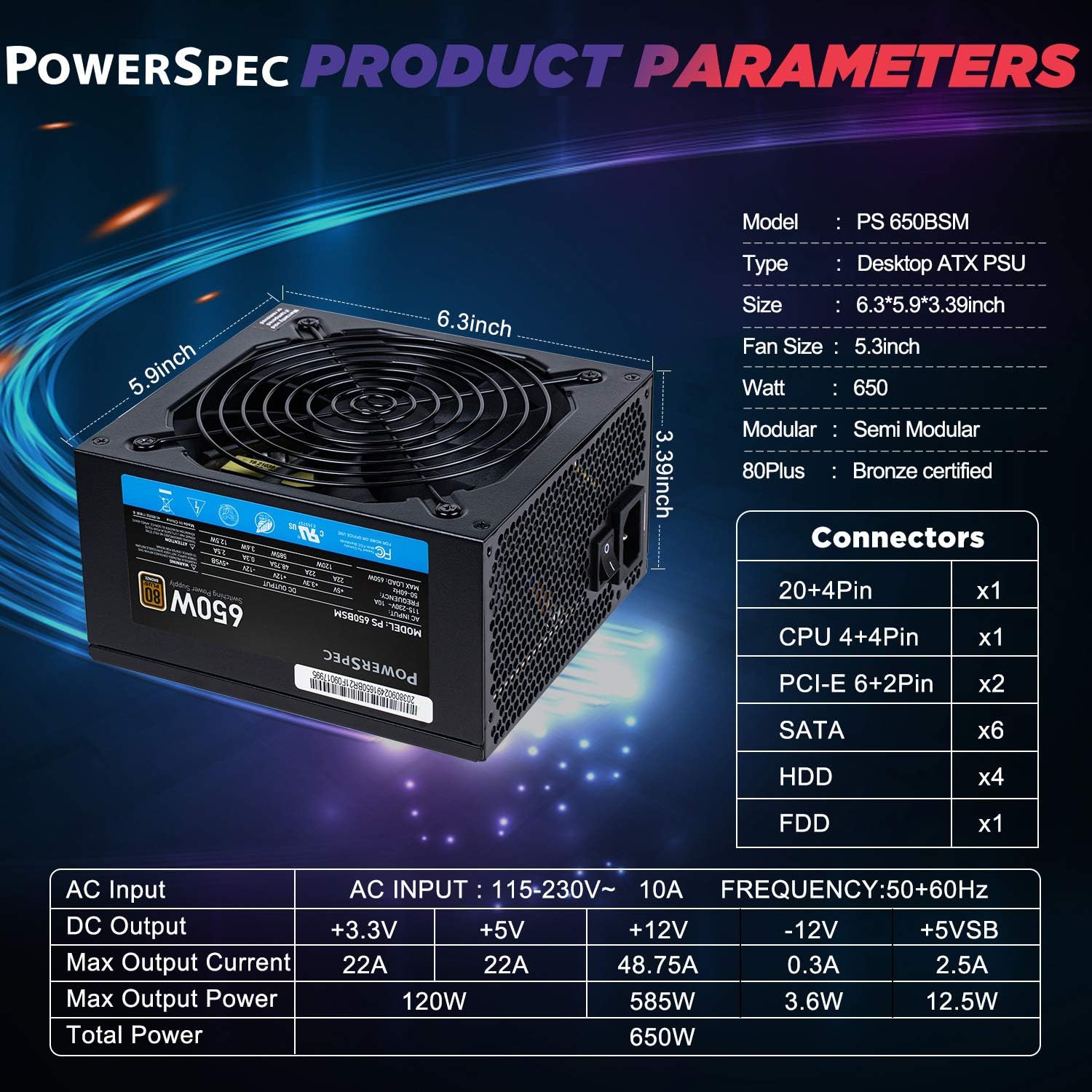 PowerSpec 650W Power Supply 80 Plus Bronze Certified Fixed Cable Non-Modular ATX PSU Active PFC SLI Crossfire Ready Gaming PC Computer Switching