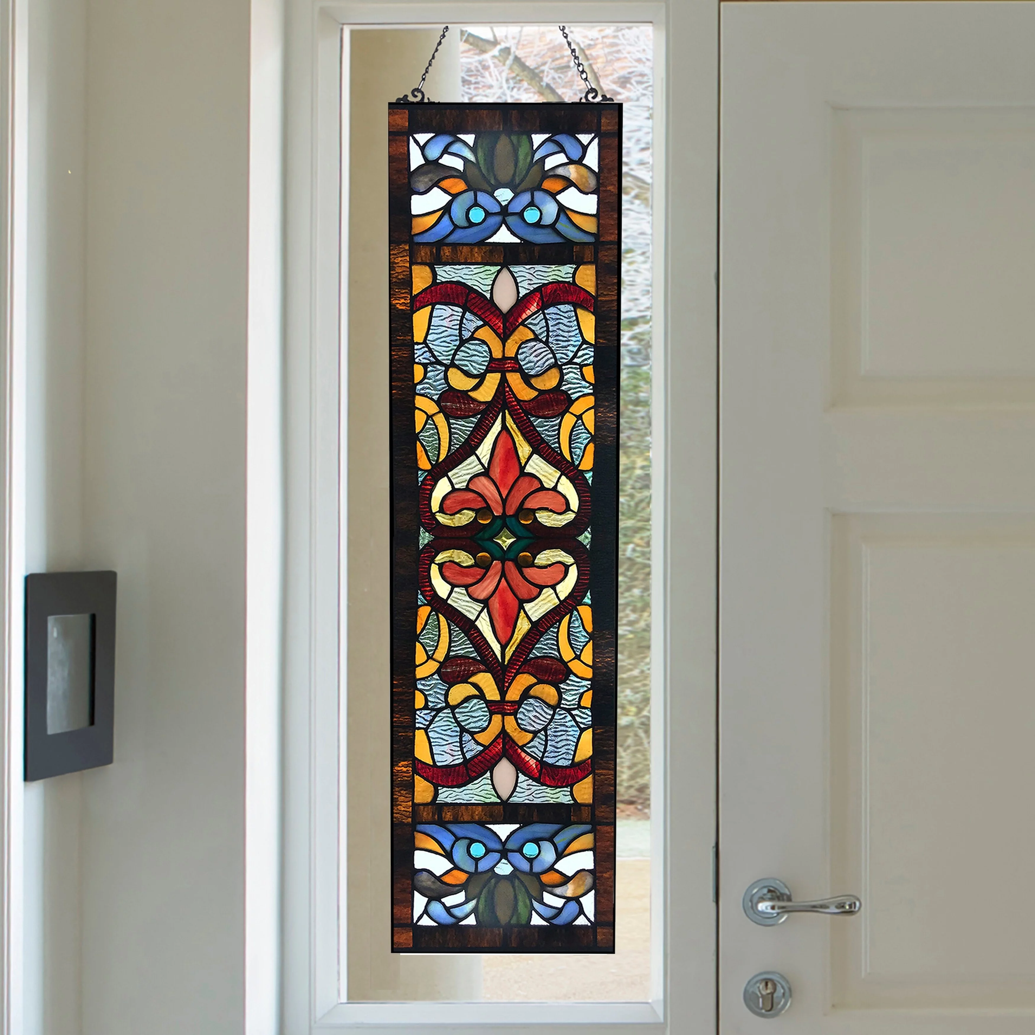 River of Goods 36 in. Stained Glass Victorian Fleur De Lis Window Panel - Radiant Selections