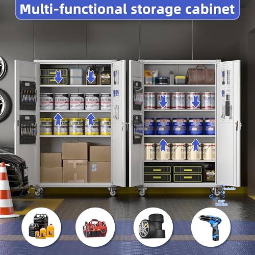 Metal Storage Cabinet with Wheels, 73" H Rolling Garage Cabinets with Locking Doors and Adjustable Shelves for Home Office, Basement, Pantry, Workshop