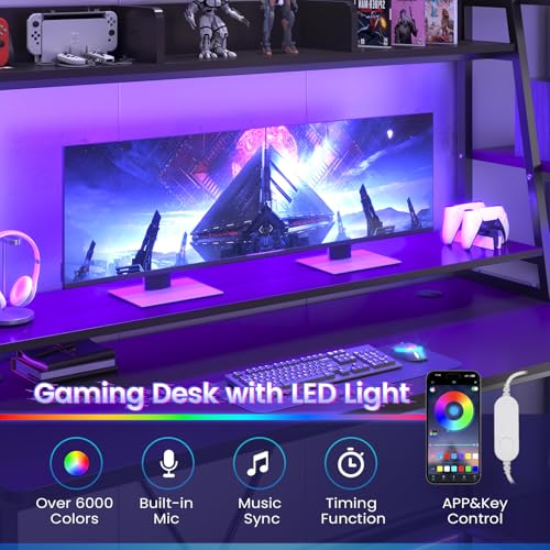 SEDETA Gaming Desk 78.8'' with LED Lights, Hutch and Storage Shelves, Computer Desk with Monitor Stand, Large PC Gamer Desk Workstation