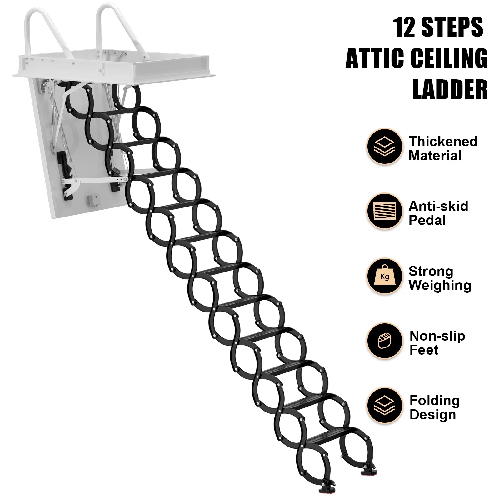 Motor Genic 12 Steps Black Loft Wall Folding Pulldown Attic Ceiling Ladder Stairs 39.4*27.6"