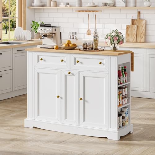 Kitchen Island with Storage, Kitchen Cart with Drop Leaf Countertop, Island Table with Open Spice Rack, 2 Drawers & Pull-Out Slim Bar Cart, White