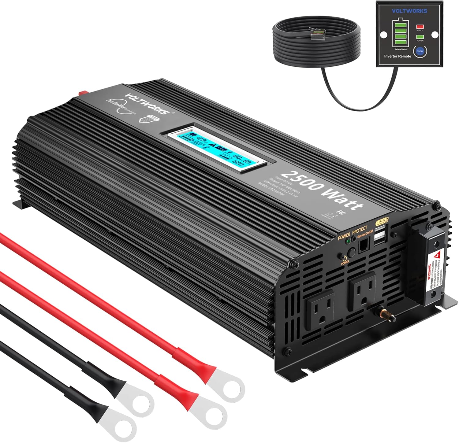 Pure Sine Wave 2500 Watt Car Power Inverter 2500w Converter DC 12V to 110V-120V AC with LCD Display 2 AC Outlets 2x2.4A USB Ports 1 AC Terminal Block