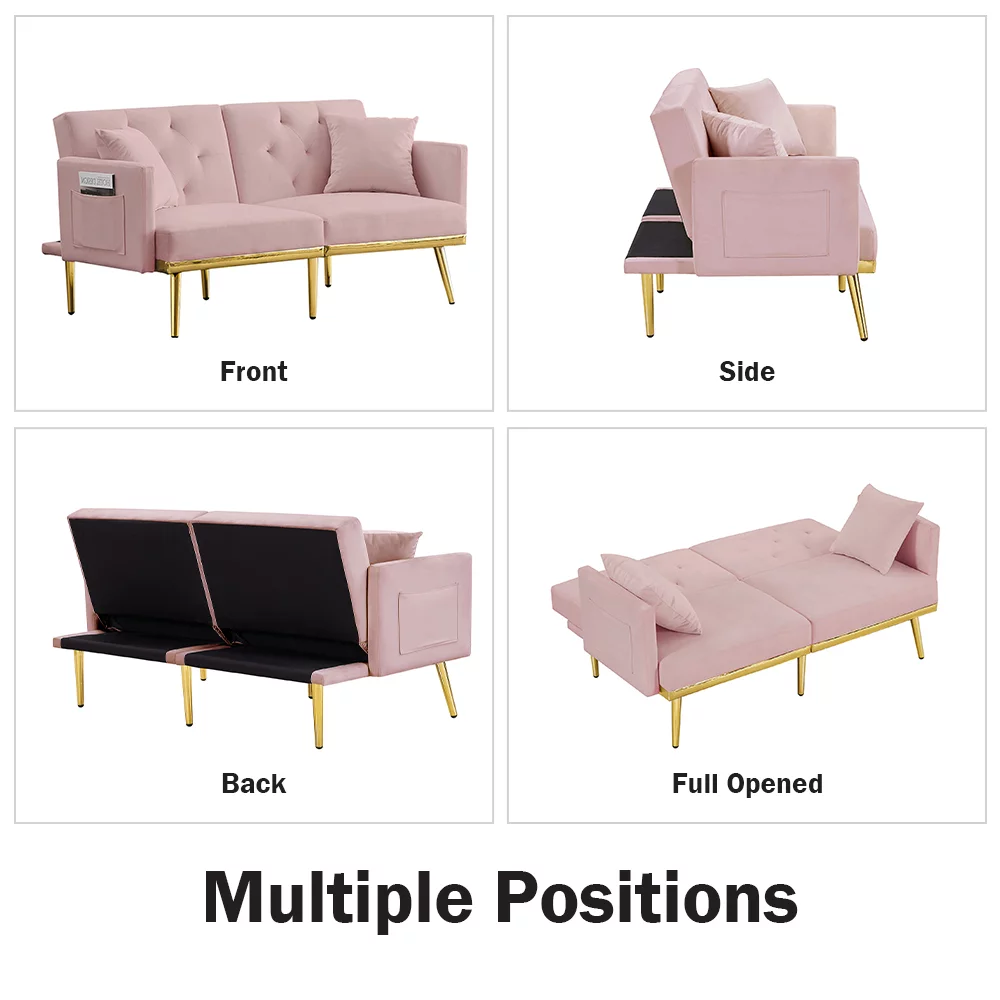 Pink Velvet Futon Couch, Folding Sleeper Sofa, Sofa Couch Bed with 2 Pillows, Modern Upholstered Loveseat Sofa with Gold Metal Legs