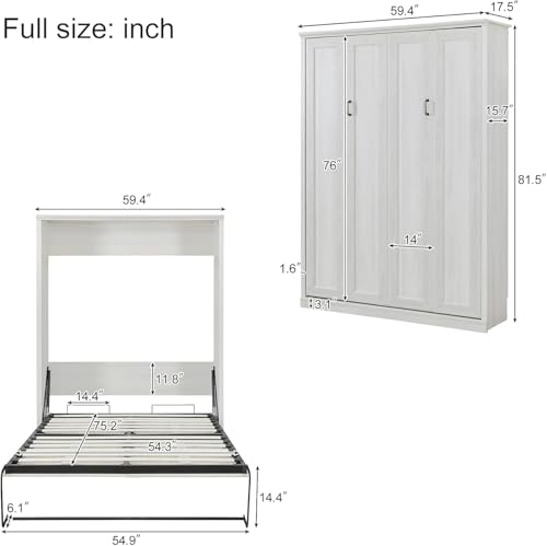 MERITLINE Queen Size Murphy Bed with Storage Bookcase Shelves,Cabinet and Charging Station,Wood Folding White Murphy Wall Bed