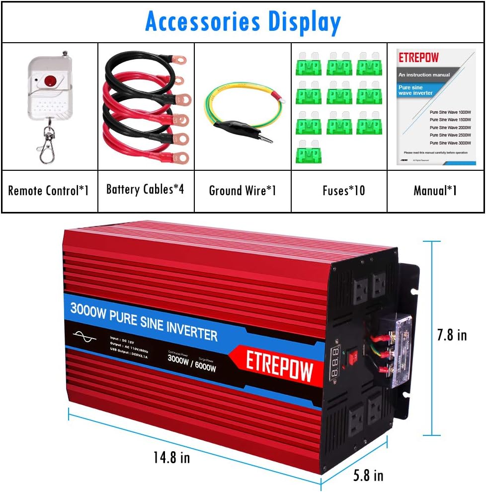 ETREPOW 3000 Watt/6000 Watt Pure Sine Wave Power Inverter 12V DC to 110V /120V AC Power Converter Wireless Remote Control-Off-Grid Inverter for