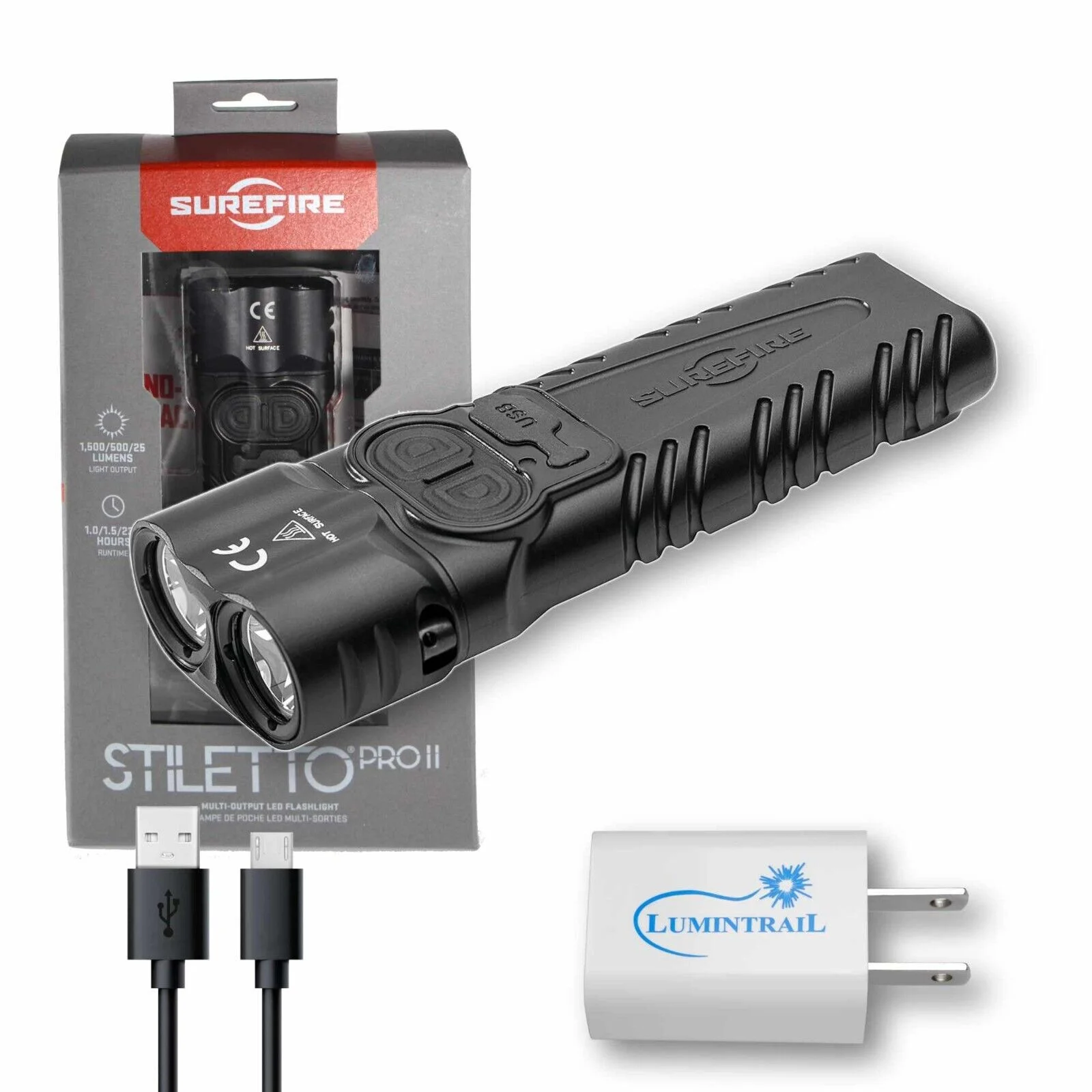 SureFire Stiletto PRO II (PLR-C) Multi-Output Rechargeable Pocket Flashlight 1500 Lumen LED Bundle with USB Wall Adapter - EDC Tactical Flashlight