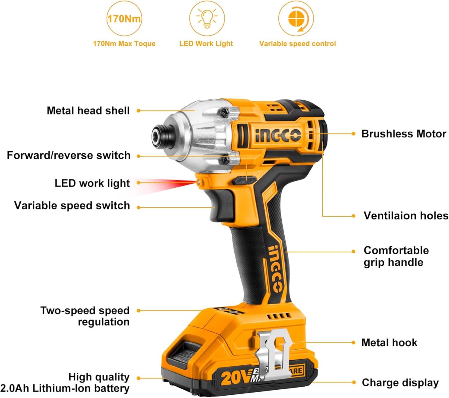 INGCO 20V Brushless Cordless Impact Driver Set CIRLI2002A