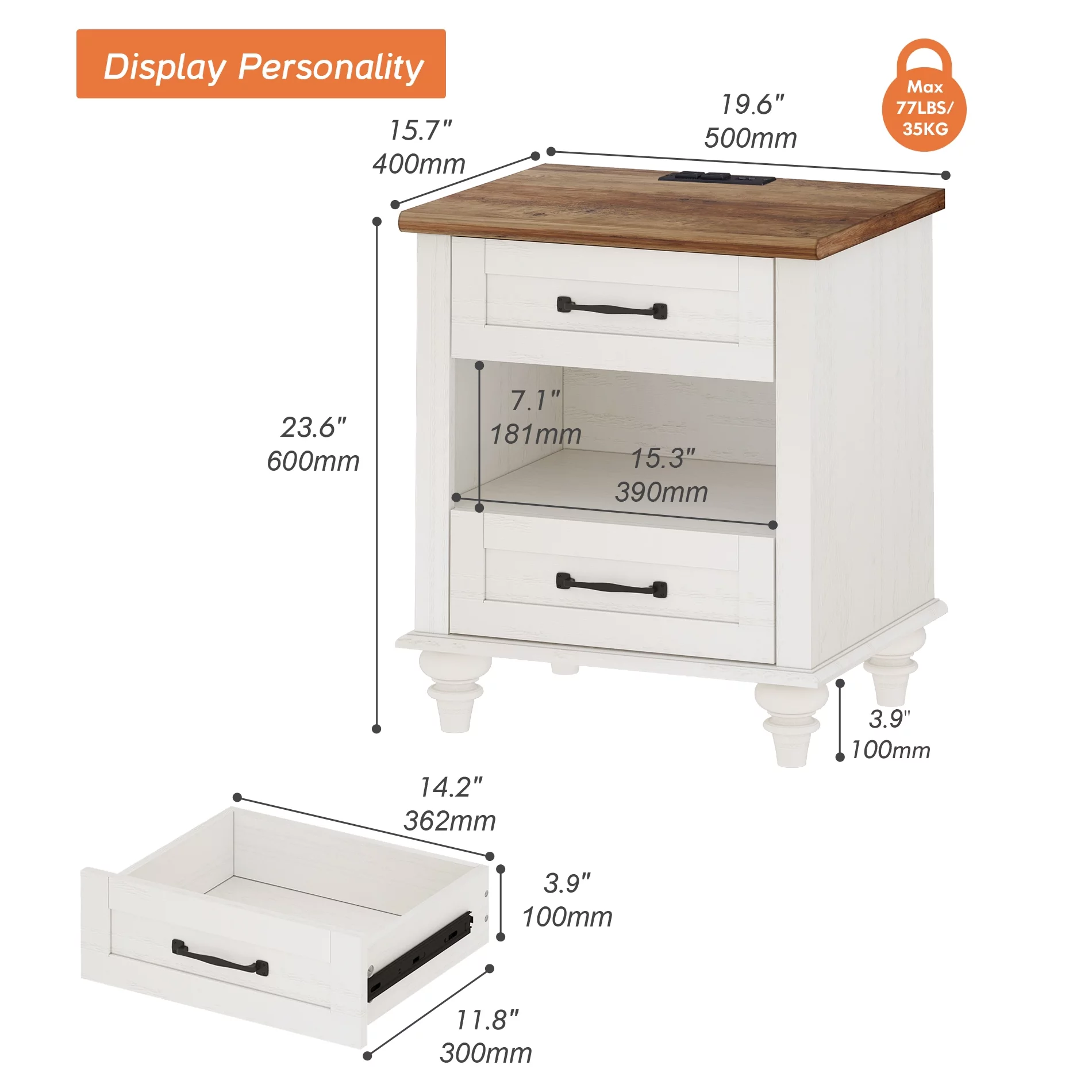 Nightstand Set of 2 with Charging Station Farmhouse Wooden End Table Sofa Side Table with 2 drawers for Bedroom Living Room, White