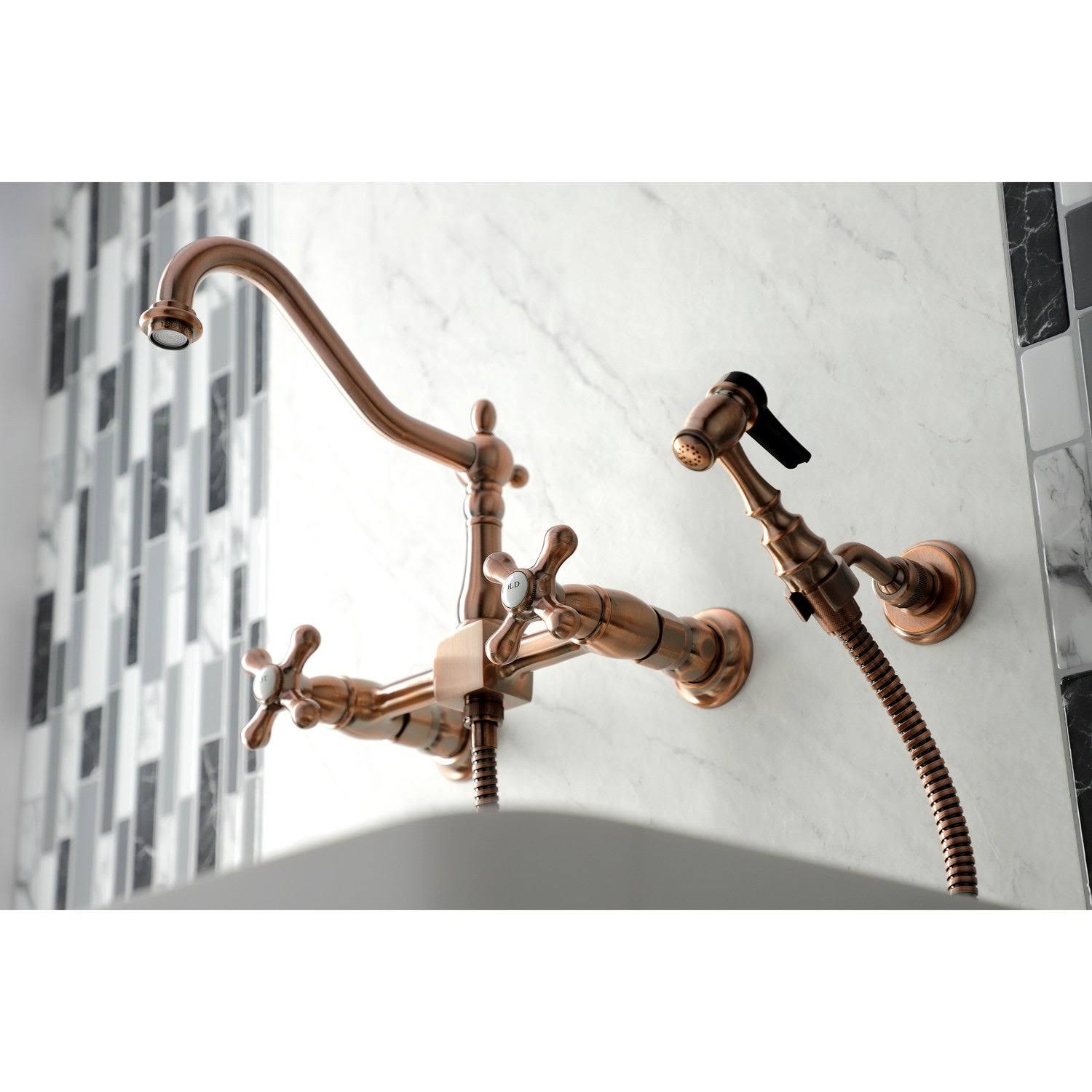 Heritage Two-Handle Wall Mount Bridge Kitchen Faucet with Brass Sprayer - Antique Copper