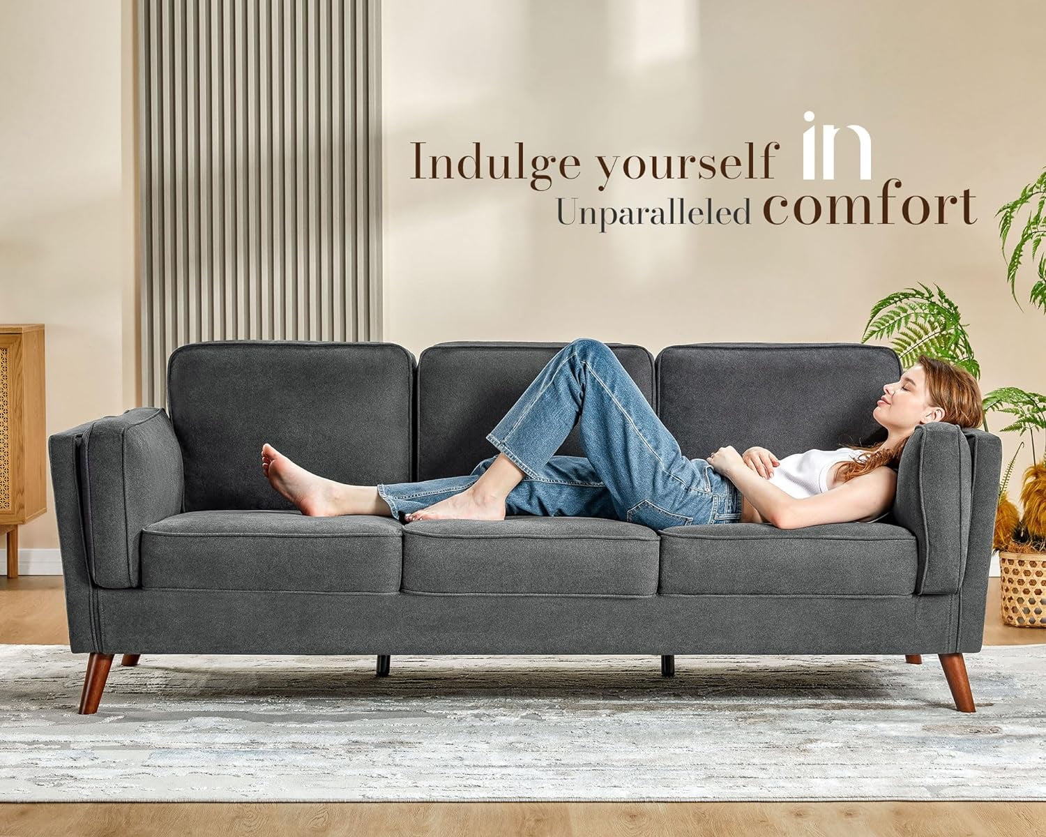 Papajet Sofa, 87inch Modern Sofa with Embedded Arm Pillow- Dark Grey Deep Seat Couch for Livingroom