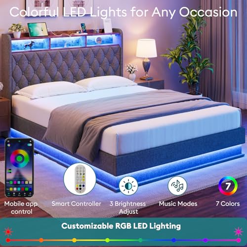 Queen Bed Frame with Storage - Lift Up Queen Size Bed Frame with Headboard, Upholstered Platform Bed with LED Lights & Charging Station