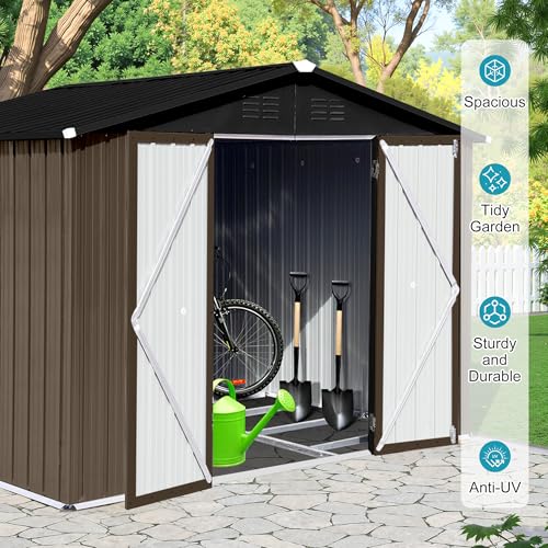 8x6 FT Outdoor Storage Shed, Metal Tool Shed with Lockable Doors, Peaked Roof & Frame Floor
