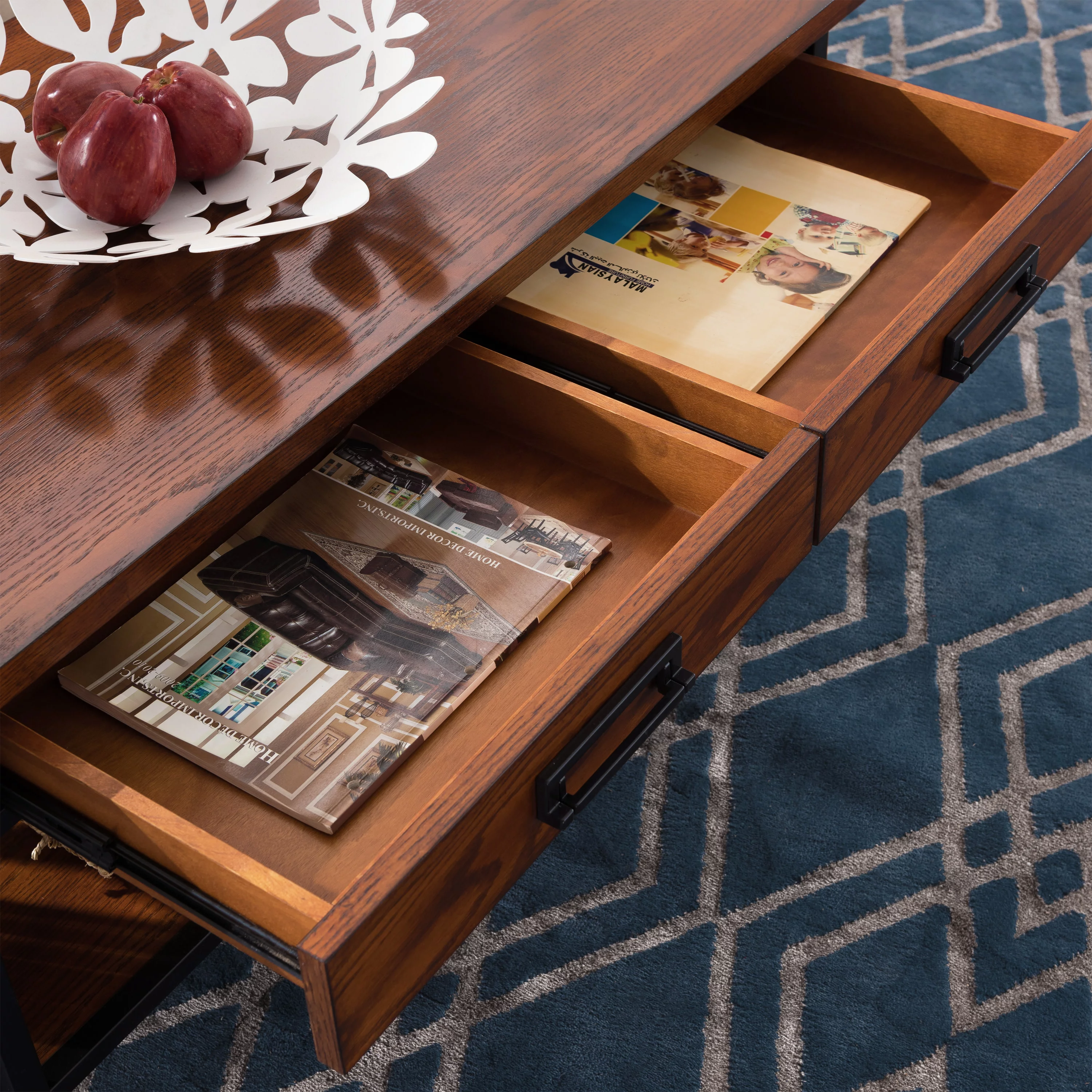 Leick Home 11204 Ironcraft Two Drawer Rustic Coffee Table with Shelf, Mission Oak and Black