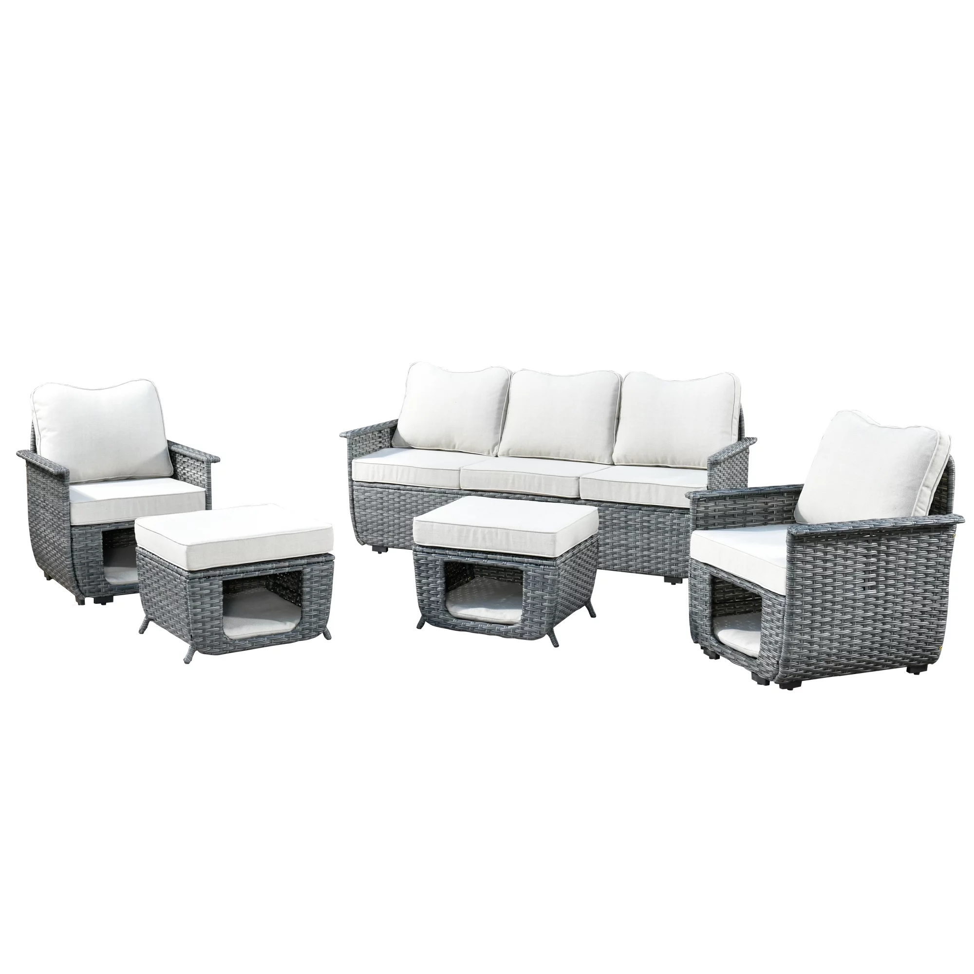 Ovios 5 Pieces Outdoor Furniture All Weather Wicker Patio Conversation Sectional Sofa Set with Storage Box for Garden Backyard
