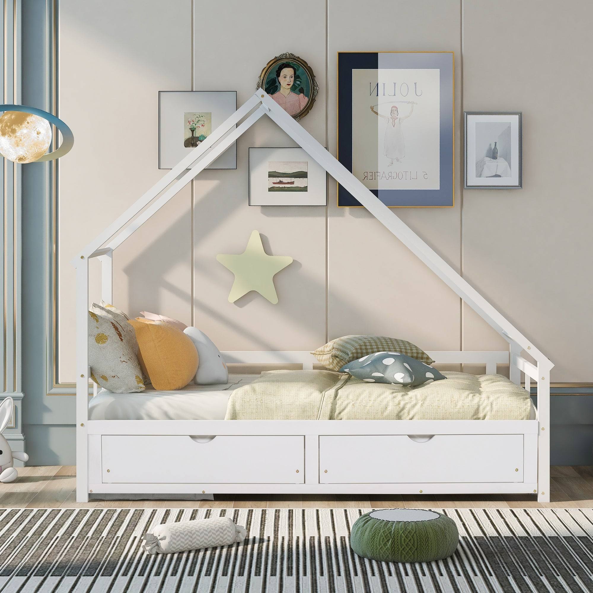 Twin-King Wooden House Extending Daybed with Two Drawers, Pine, White - Espresso