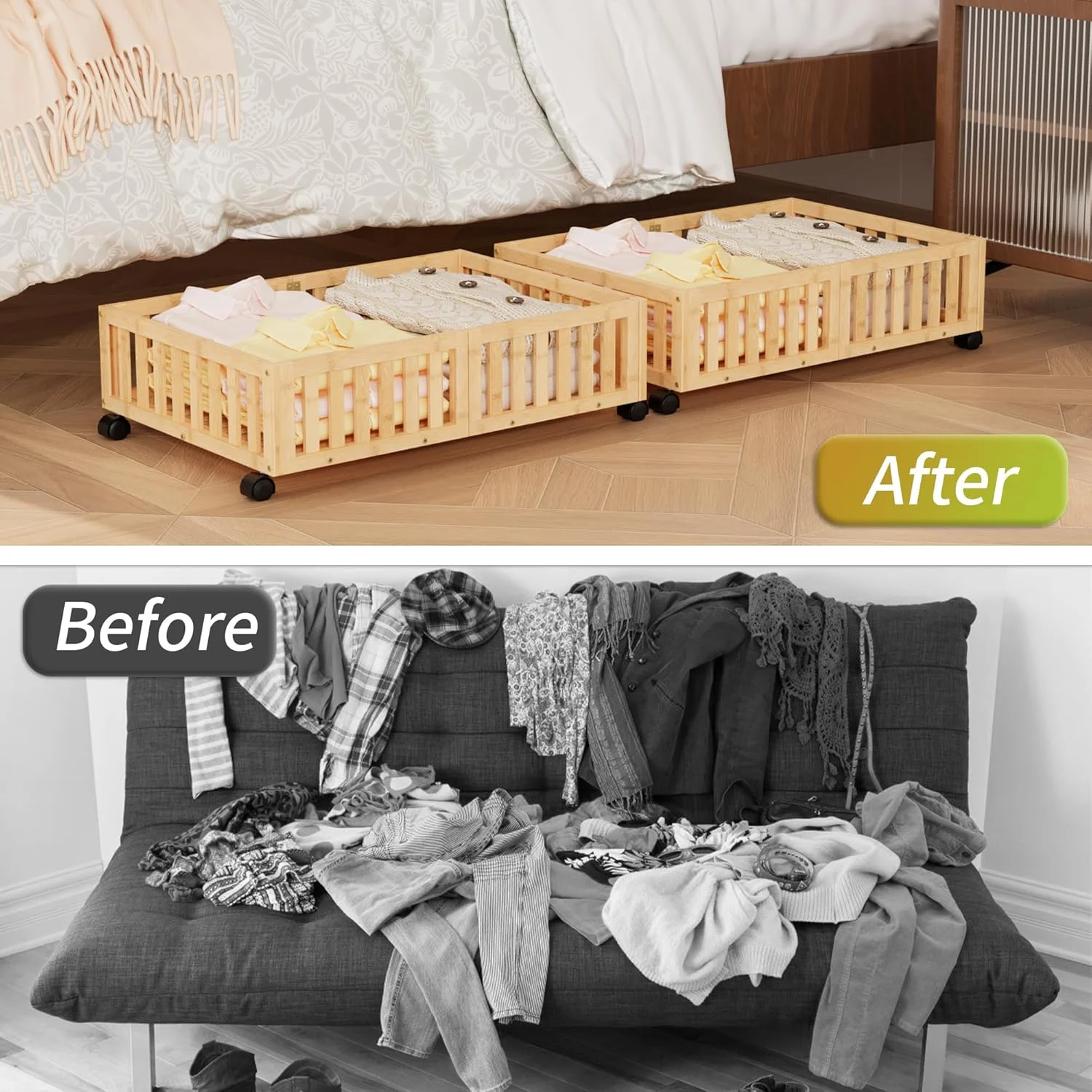 Bamboo Under Bed Storage with Wheels (2-Pack) – Rolling Underbed Shoe Organizer Box for Shoes, Blankets, Toys