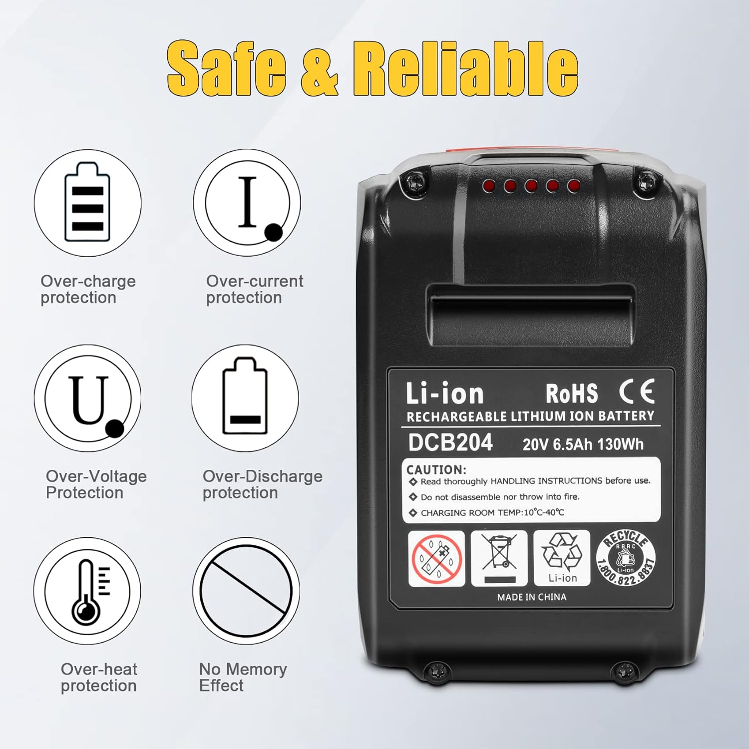 KUNLUN 2-Pack 6.5Ah 20V Battery Replacement Compatible with Dewalt 20 Volt Max XR Lithium ion Battery Pack DCB200 DCB201 DCB203 DCB205 DCB204 DCB206