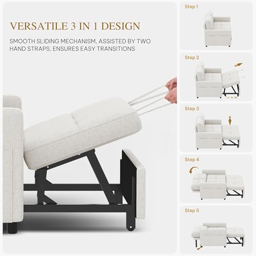 DWVO 55" Convertible Sofa Bed, 3-in-1 Sleeper Sofa with Pull-Out Bed, Linen Futon Couch with Adjustable Backrest and Side Pocket