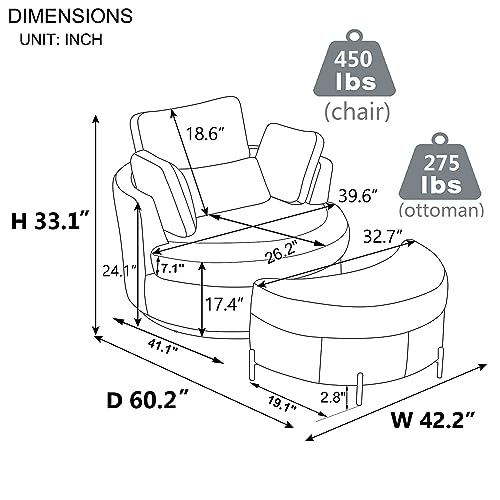 Oversized Swivel Accent Barrel Chair with Storage Ottoman+ 4 Pillow