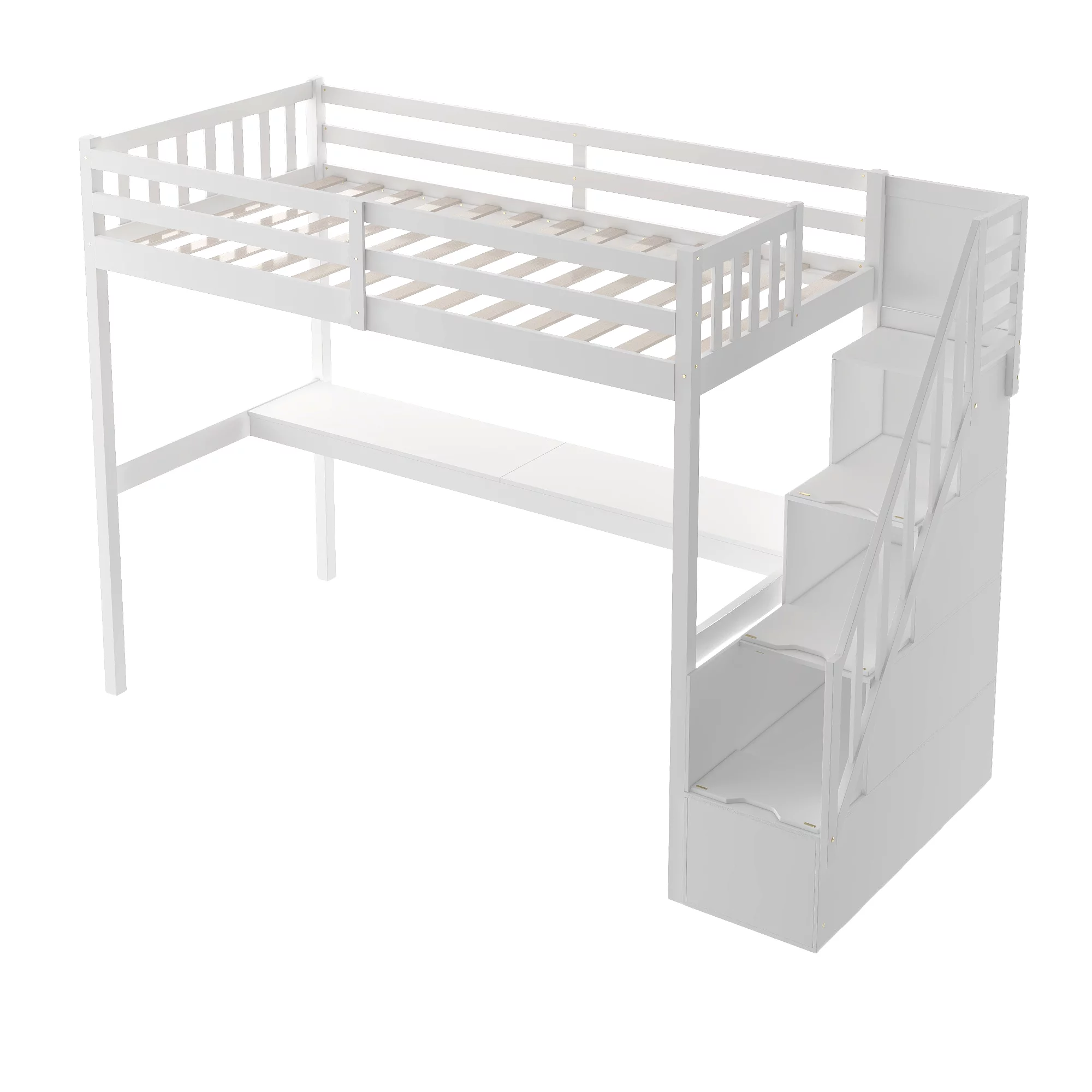 EUROCO Twin Size Loft Bed with Storage Staircase and Built-in Desk, White