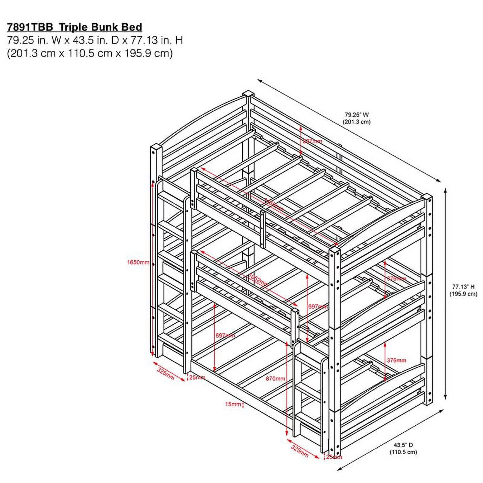 Dorel Living Sierra Traditional Wood Twin Triple Bunk Bed in White
