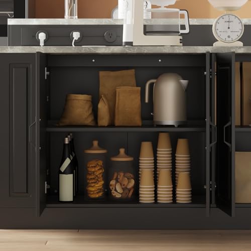 94.5" W Stationary Kitchen Island Storage Cabinet with Built-in Power Outlet, 2 Countertop, Adjustable Shelves & 3 Drawers for Dining Room