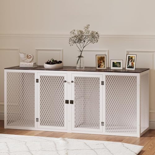 71 Inch Dog Crate Furniture for 2 Dogs, XXL Double Cage with Removable Divider & Large Doors, Heavy Duty Wooden Dog Kennel, Indoor Pet House (Black