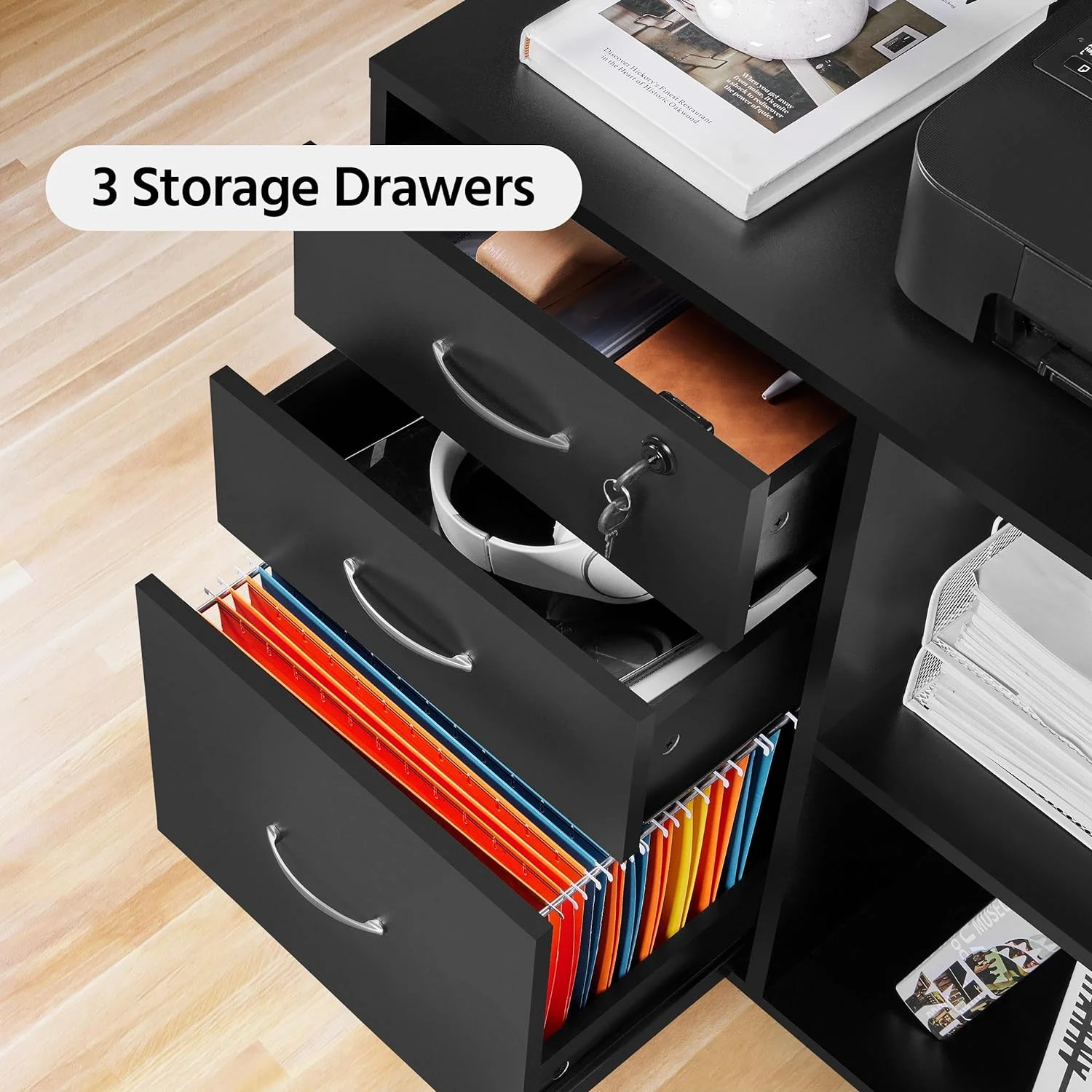 Black File Cabinet with Lock for Letter, A4 Size,3 Drawer Lateral Filing Cabinet Printer Stand with Open Storage Compartments