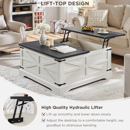 JXQTLINGMU Farmhouse Lift Top Coffee Table with Storage, 36" Wood Square Center Table with Large Hidden Compartment