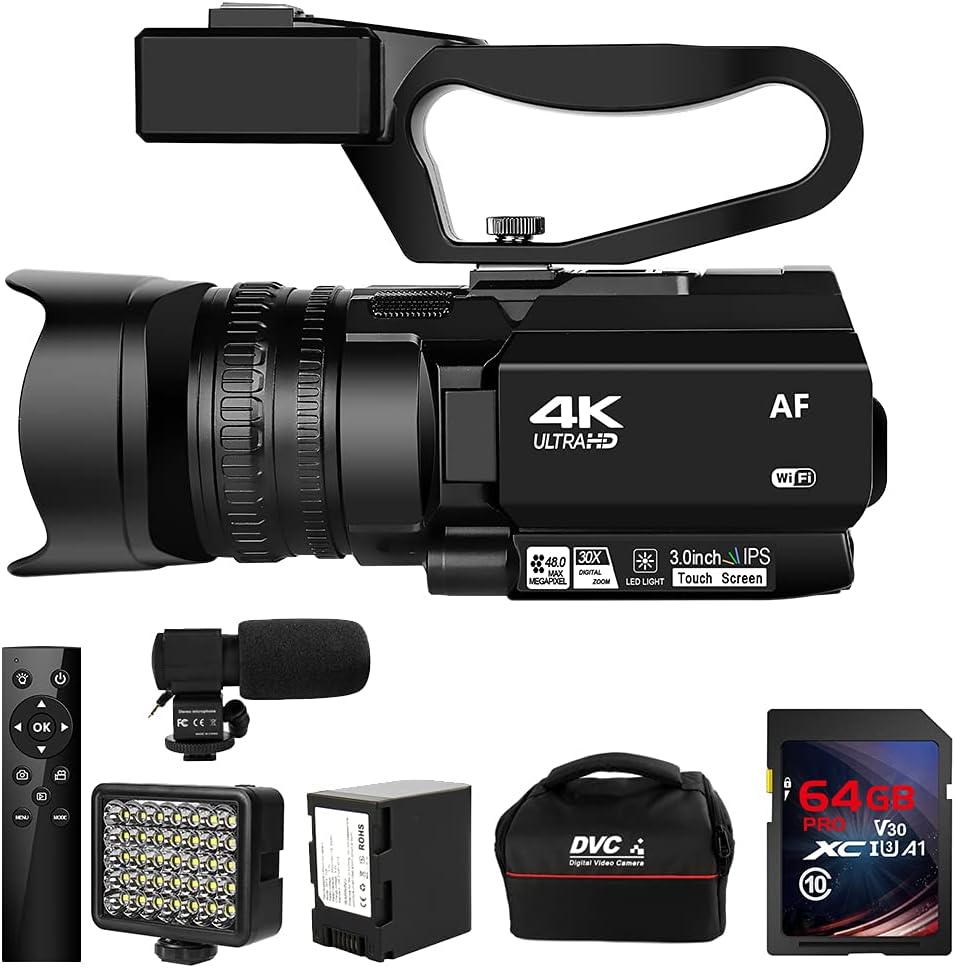 Video Camera 4K HD Auto Focus Camcorder 48MP 60FPS 30X Digital Zoom Camera for YouTube LED Function 4500mAh Battery with Handheld Stabilizer
