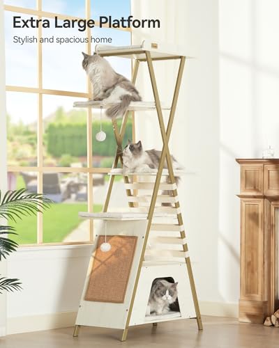 FourFurPets 72.4" Modern Cat Tower for Indoor Cats - Multi-Level Condo With Caves, Tall Tree With Scratching Board, Wooden Tower With Large Perch