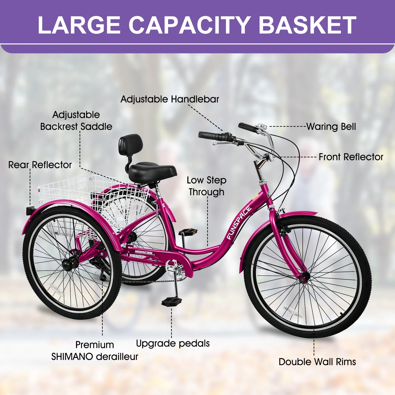 MOPHOTO Adult Tricycles 3 Wheel 7 Speed Trikes, 20/24/26 inch with Big Basket for Shopping, Picnics Exercise Men's Women's Senior's Trike