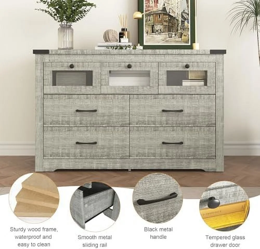 Grey Farmhouse Dresser for Bedroom 7 Drawer Dresser with LED Light  Wood  Dresser Chest of Drawers Wide TV Stand Dresser for Bedroom