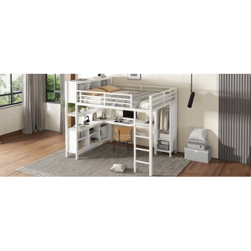Metal Loft Bed with Wardrobe and L-Shaped Desk, Full Size Loft Bed with Storage Cubes and Shelves, Heavy Duty Loft Bed for Kids Teens, White