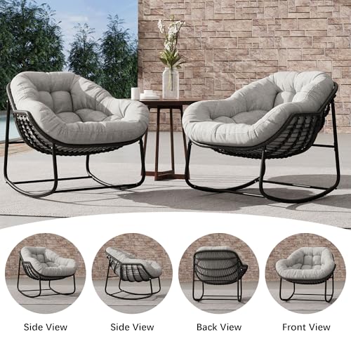 Outdoor Indoor Rocking Chair, Patio Wicker Egg Chair, Indoor & Outdoor Comfy Oversized Papasan Chair with Padded Cushion