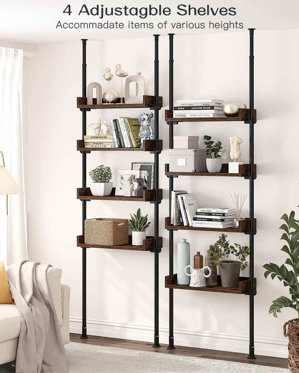 FJU Bathroom Organizer, Over The Toilet Storage, 4-Tier Adjustable Wood Shelves for Small Rooms, Saver Space Rack, 92 to 116 Inch Tall