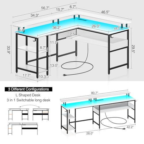 Rolanstar Computer Desk 56.7" with LED Lights and Power Outlets, Carbon Fiber Surface, Reversible L Shaped Gaming Desk with Monitor Stand