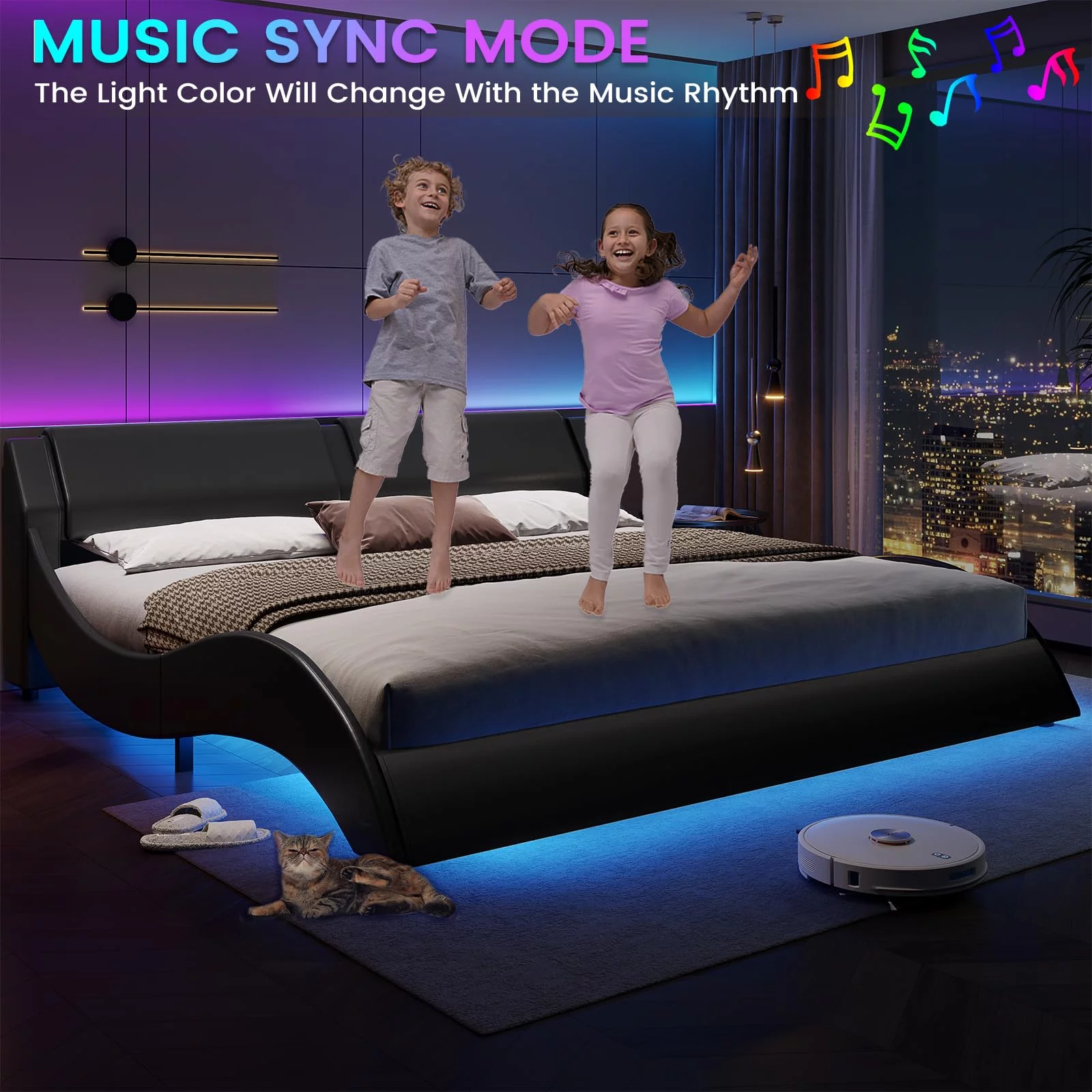 King Size Bed Frame with Headboard,Faux Leather Low Profile Platform Bed Frame with RGB LED Lights,Wave Like Curve King Bed,Black