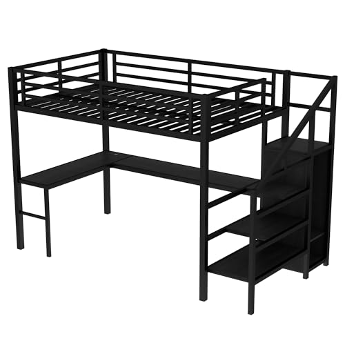 Full Loft Bed with Desk - Metal Gaming Bed with L-shaped Desk, USB, Wardrobe & Adjustable Shelf, High Loft Bed with Safety Guardrails & Stairs
