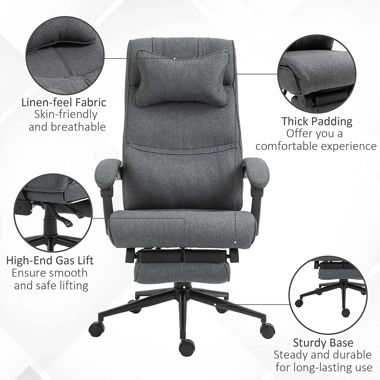 High Back Executive Office Chair, Reclining Computer Desk Chair With Footrest, Height Adjustable Fabric Office Chair With Headrest And Lumbar Support