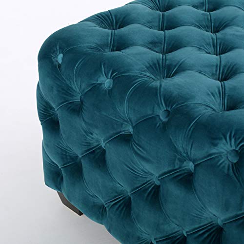 Modern Glam Button Tufted Velvet Ottoman, Dark Teal and Dark Brown