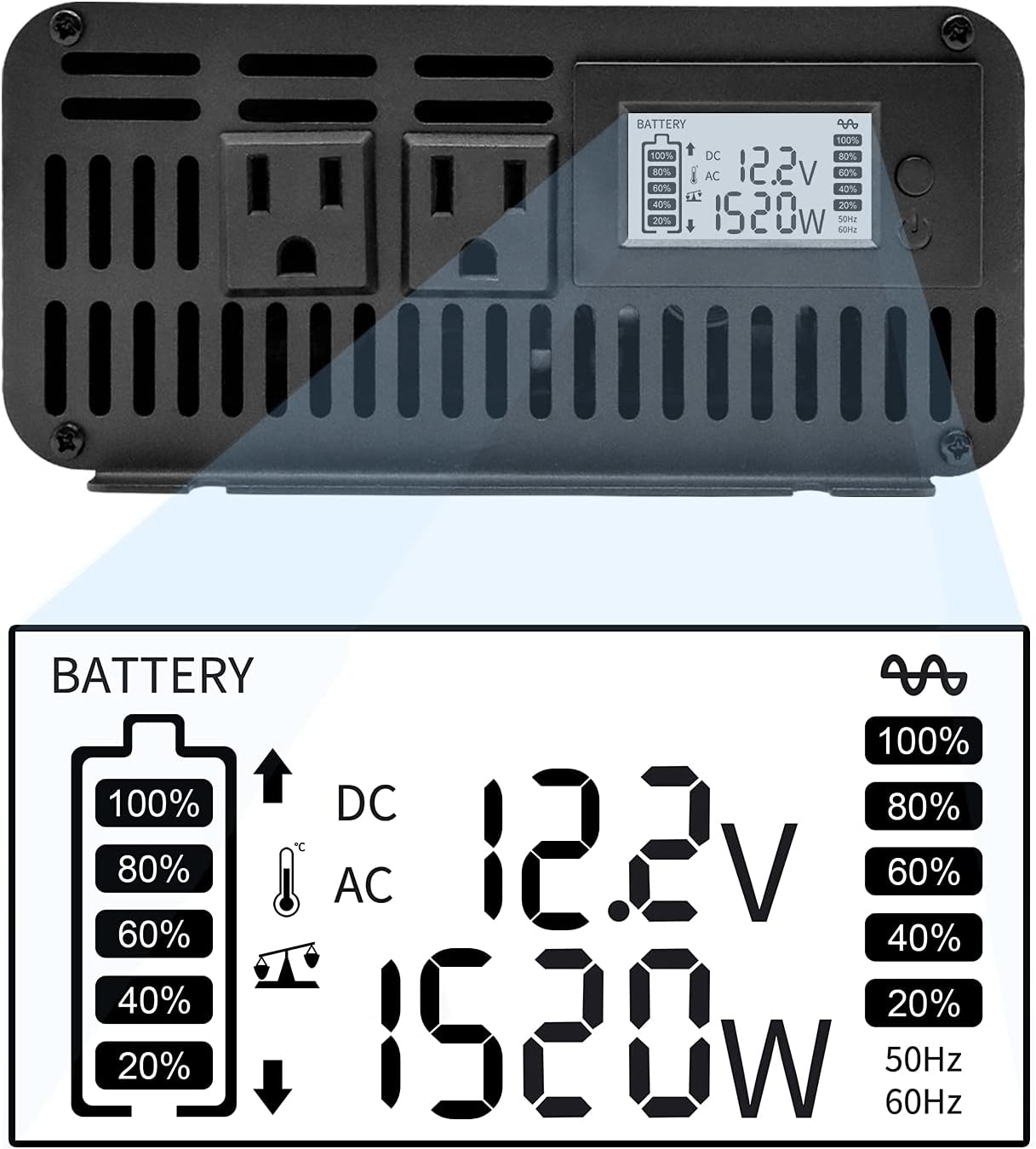 DATOUBOSS 3000W Power Inverter 6000W Peak Pure Sine Wave Inverter 12V DC to 110V AC with Dual AC Outlets & LED Display Car Converter(3000W 12-110V)