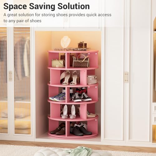 Aheaplus Rotating Shoe Rack, 5-Tier Wood Shoe Organizer for Closet, 360° Spinning Shoe Rack Tower Space-Saving Shoe Storage Shelf for Entryway